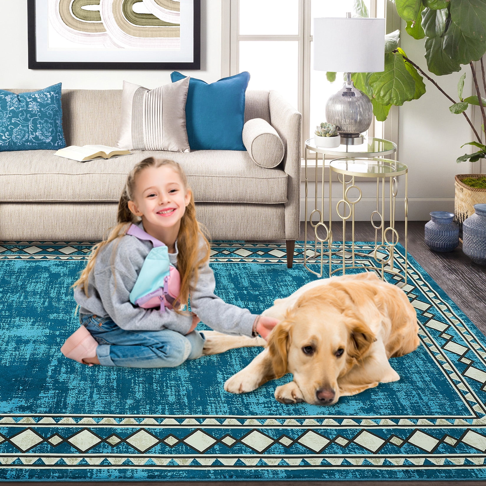 GlowSol 10'x13' Large Area Rug Modern Bordered Area Rug for Living Room Bedroom Geometric Border Non-Slip Stain Resistant Accent Rug, Blue Green
