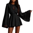 thumbnail image 2 of ClodeEU Women's Long Sleeve Crewneck A Line Dress with Adjustable Waist ,Solid Color Casual Summer Mini Dress Black,Women's Plus L, 2 of 8