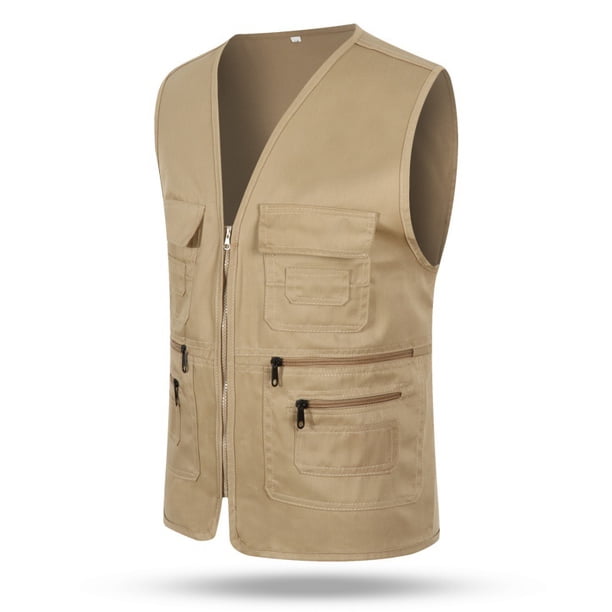 Mens Multi Pocket Casual Utility Cargo Vest Waistcoat Fishing Travelling Hiking Khaki CoatXL