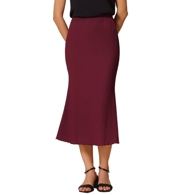 Falda de sirena ajustada de textura elástica para mujer Inspire Chic, con cintura alta y maxi falda, color rojo vino