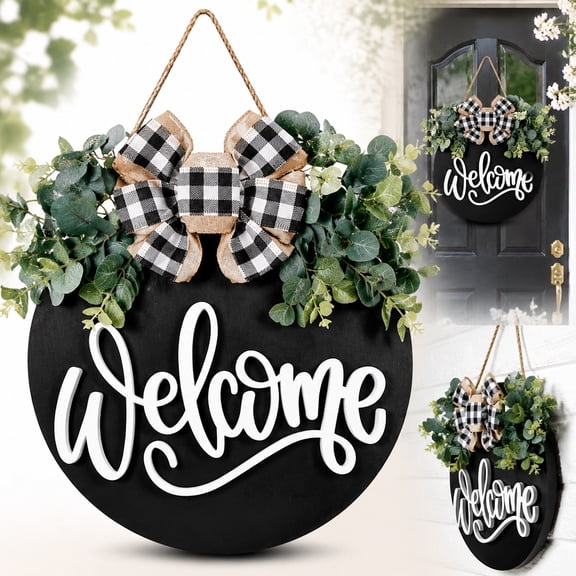 Farmhouse Welcome Sign, 30cm Round Wooden Wreath Wall Decor for Front Door, Porch, Indoor & Outdoor, Housewarming Home Decor (Black)