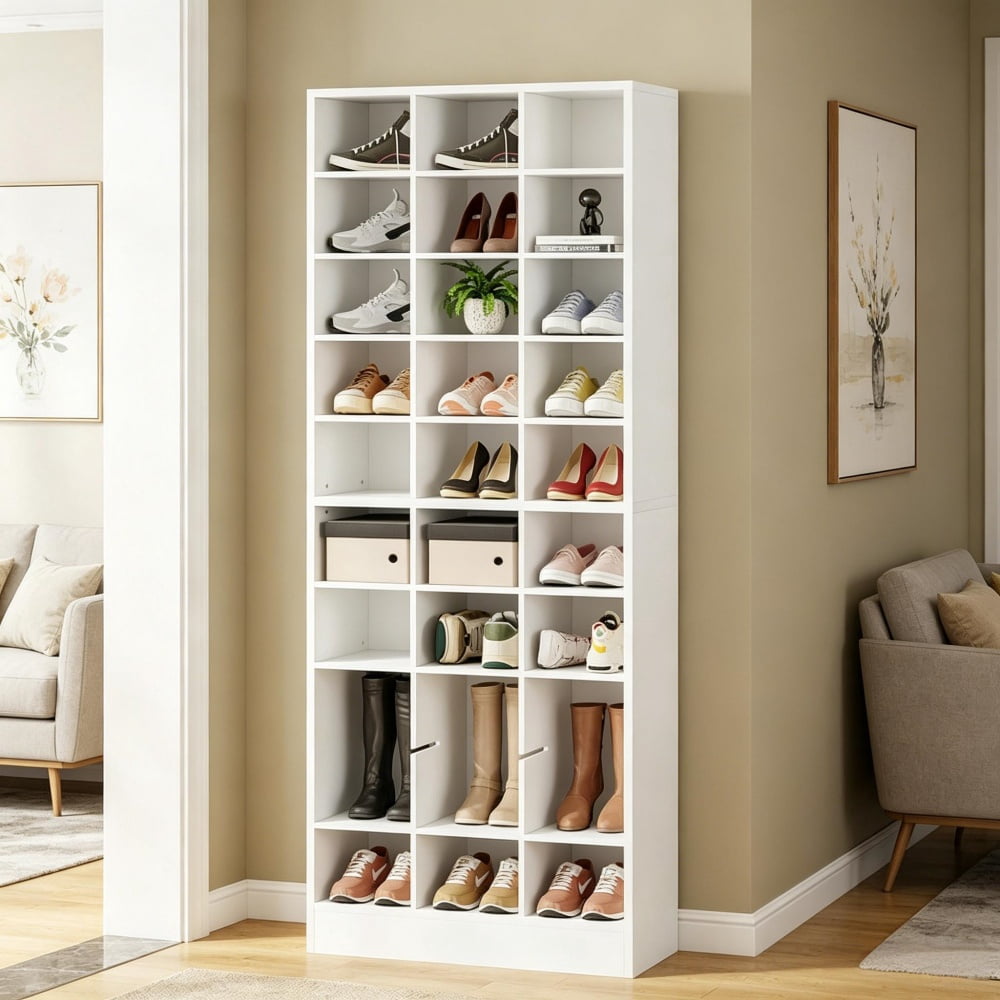 Tall Cubby Shoe Storage Cabinet, 30 Adjustable Cubbies Holds Up to 30 Pairs, Thick Manufactured Wood Freestanding Shoe Rack Max 330LBS for Entryway Closet