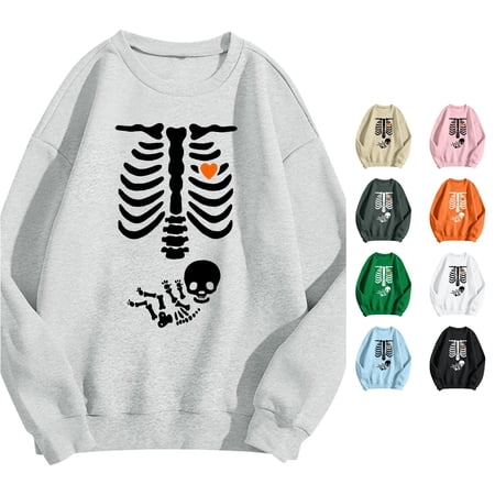 Halloween Sweatshirt for Women Casual Crewneck Pullover Sweatshirts Long Sleeve Graphic Tee Tops Fashion Layer Streetwear Solid Basic Loungewear Soft Oversized Fit Grey L