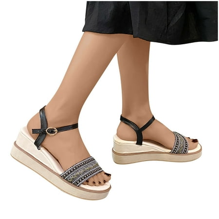 

Sandals for Women Clearance Breathable Wedges Open Toe Low Heel Shoes Orthopedic Non-slip Summer Fashion Sandal Casual Flat Vintage Roman Sandal