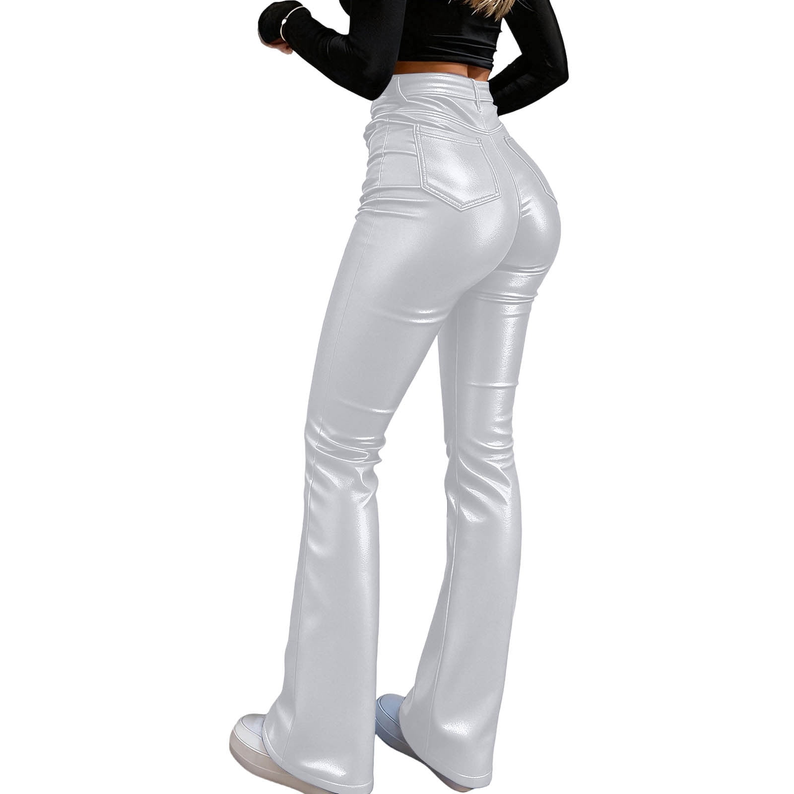 2026 Women Faux Leather Pants PU High Waist Straight Leg Pant with Pockets Fashion Flare Pants Trendy Streetwear