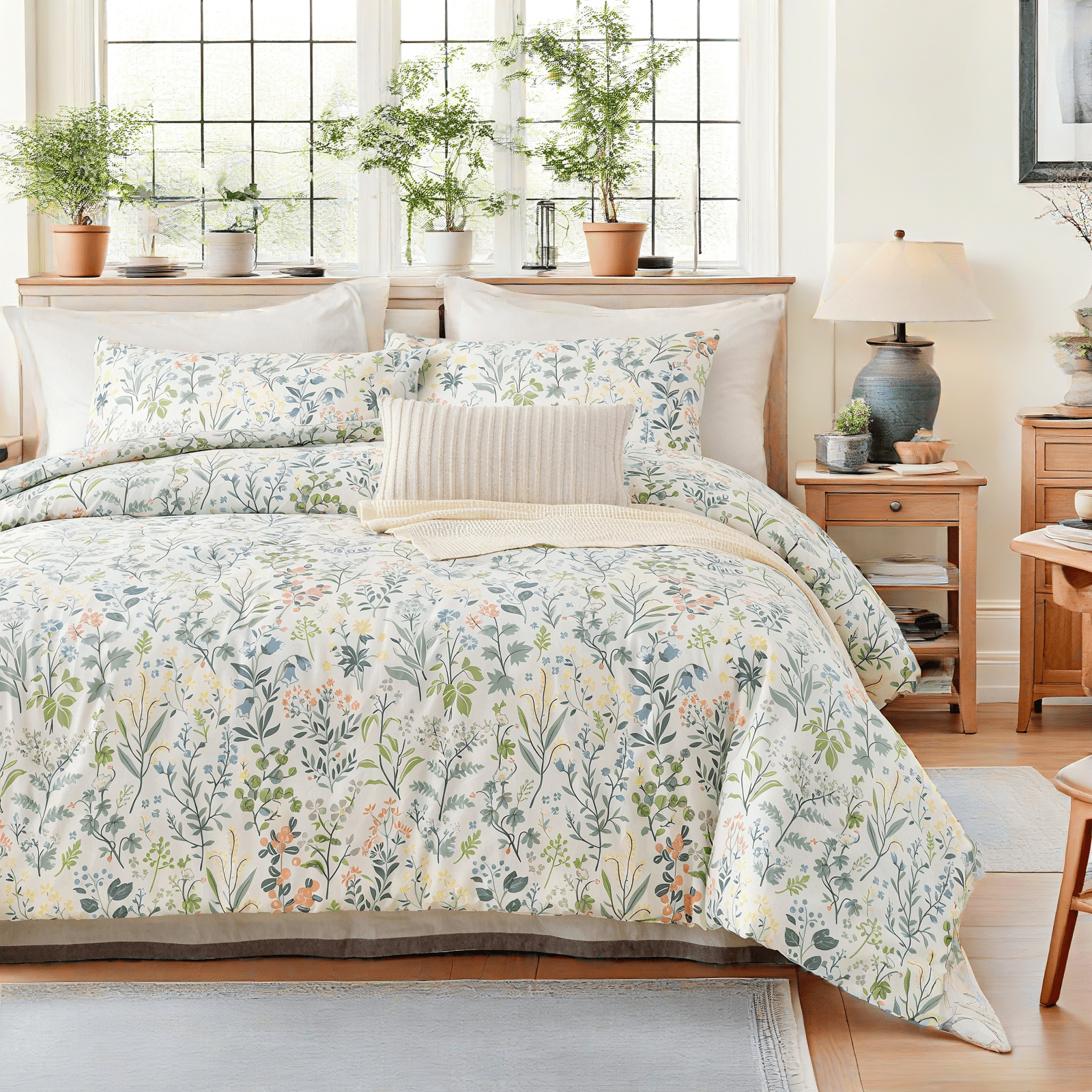 Move Over Floral Duvet Cover Set Queen 100% Cotton Green and Pink Floral Bedding Set 3 Pieces Soft and Breathable Green Branches Floral Comforter Cover Set No Filling