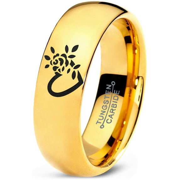 Tungsten Flower Heart Band Ring 7mm Men Women Comfort Fit 18k Yellow Gold Dome Polished
