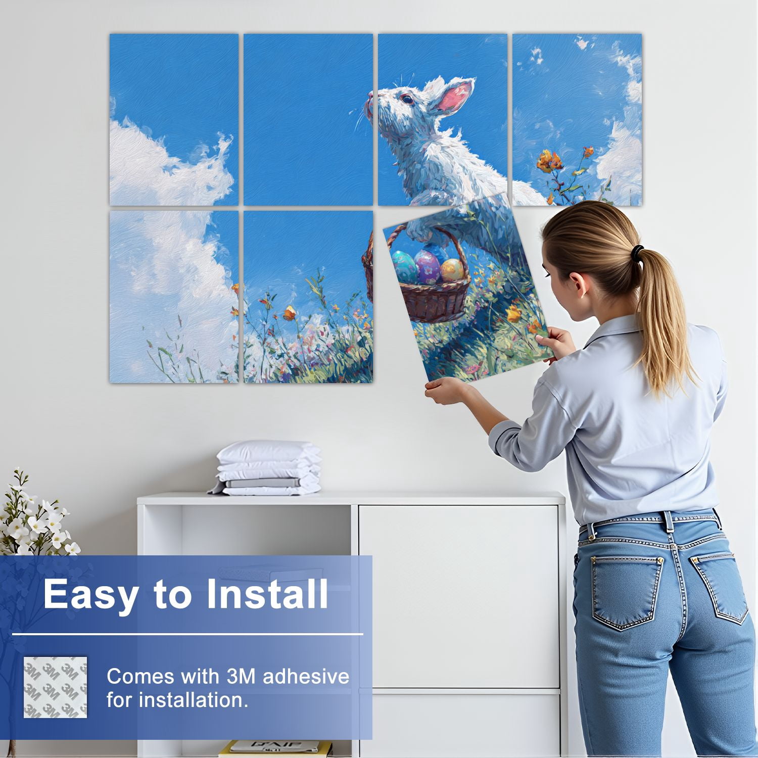 8 Pack Art Acoustic Panels Vintage Rabbit Eggs Retro Wildflower Field Bunny Basket Easter Eggs Self Adhesive Sound Absorbing Panels for Home Office Studio Media Room 48"x32"