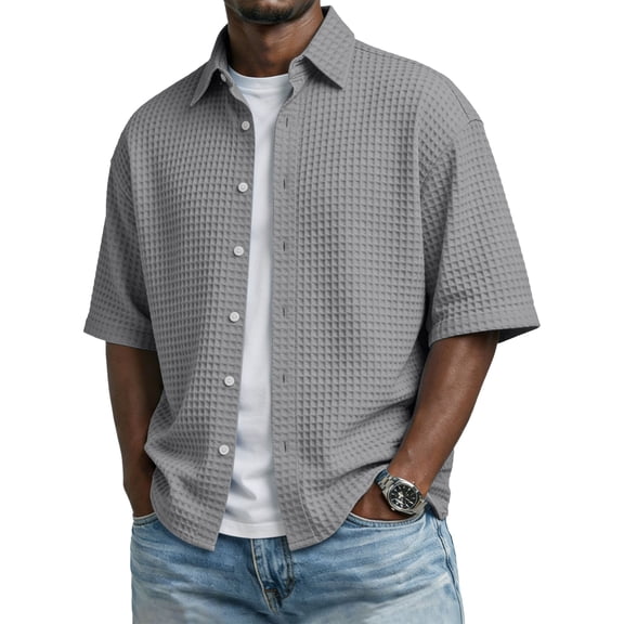 CCRFTGI Polo Shirts for Men Waffle Big and Tall Short Sleeve Henley Shirts Golf Button Down Collared Tops Fashion Summer Outfits Gray XL