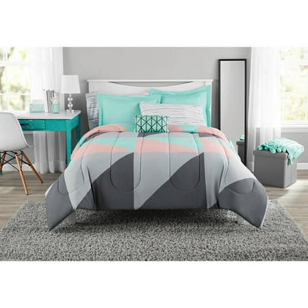 Mainstays Grey & Teal Bed in a Bag Bedding Set,