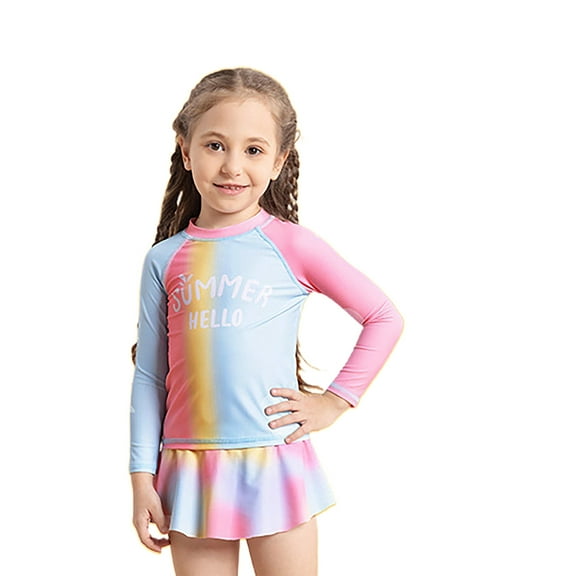 Hiijoy Toddler Girls Gradient Letter Print Long Sleeved Swim Shirt Skort Swimsuit, Sizes 4-9