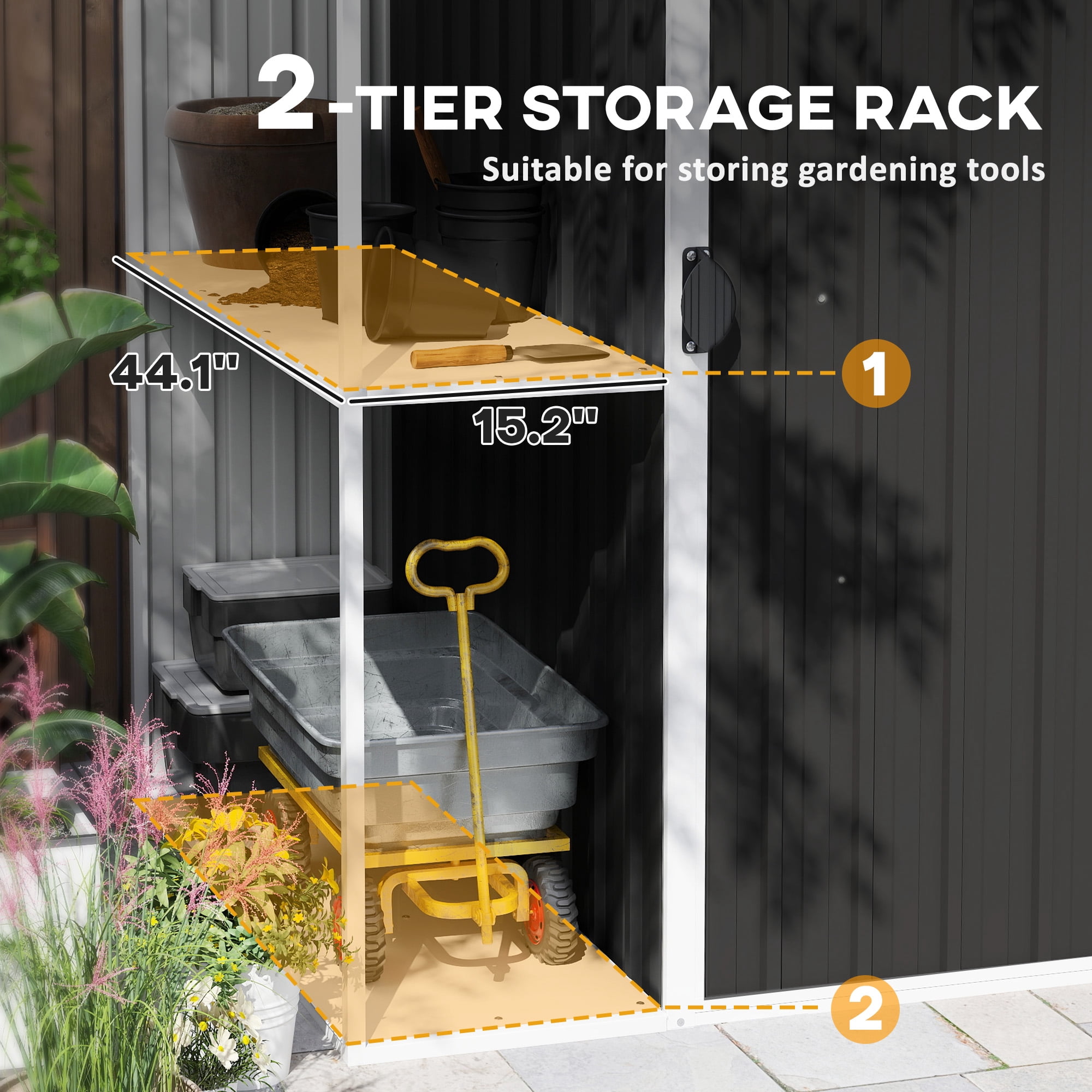Outsunny 8 x 4ft Garden Storage Shed, Outdoor Metal Tool Shed with 2-Tier Storage Rack, Vents and Lock for Backyard, Patio, Lawn, Dark Gray