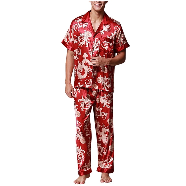 Pyjama de Nuit pour Hommes, Tenue d'Intérieur Décontractée, Hauts à Manches Courtes, Pantalons, Col Rabattu