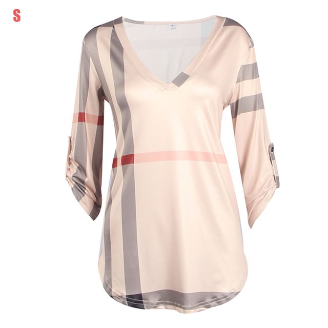 Camiseta con estampado a cuadros Mujer Otoño Manga 3/4 Blusa con cuello en V profundo Top suelto Monstrate AP000101-08B