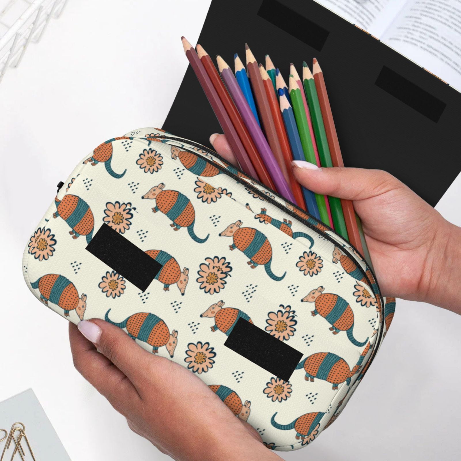 Rateoe Colorful Armadillos1 Pattern Double Clamshell Pen Case, Storage Organizer with Two Zipper Compartments– Holds Up to 50 Pencils & Pens