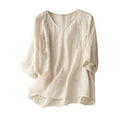 thumbnail image 1 of TSADFHJI T-Shirts pour Femmes Graphique T-Shirt en Coton et Lin pour Femme Haut Rond Boxy Blouses Patchwork m Beige, 1 of 7