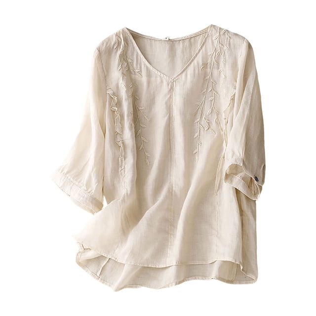 TSADFHJI T-Shirts pour Femmes Graphique T-Shirt en Coton et Lin pour Femme Haut Rond Boxy Blouses Patchwork m Beige