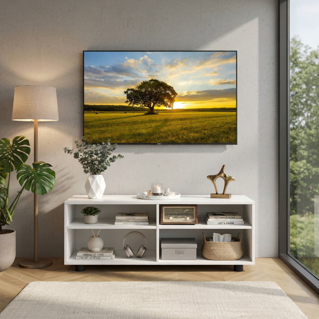 Kadyn 4 Compartment TV Stand, Wooden TV Media Console with 4 Storage Compartments, Adjustable Feet and 5-Position Adjustable Shelf, Living Room Entertainment Center with Storage, White
