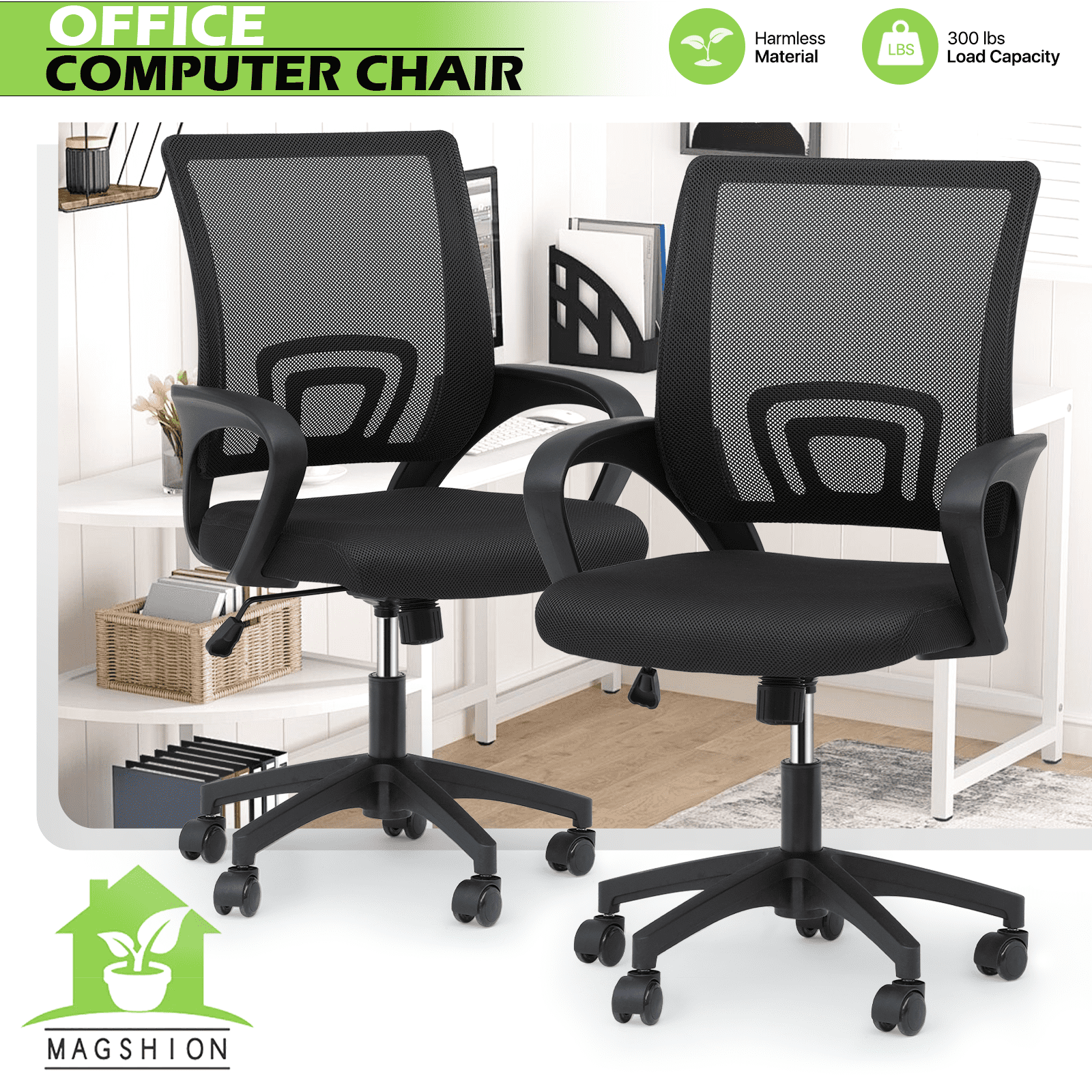 Magshion Set of 2 Office Chairs Mid Back Swivel Desk Chairs, Height Adjustable Ergonomic Mesh Computer Chairs with Armrest & Lumbar Support, Black