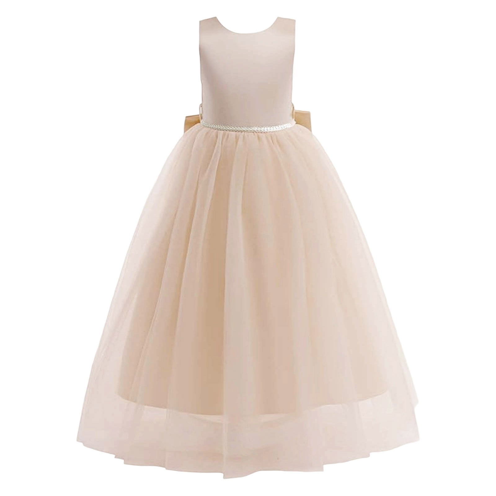 Wdgfv Flower Girls Satin Pageant Dress Wedding Kids Pearls Prom Gowns Elegant Bow Knot Formal Occasion Outfit Beige 6-7 year