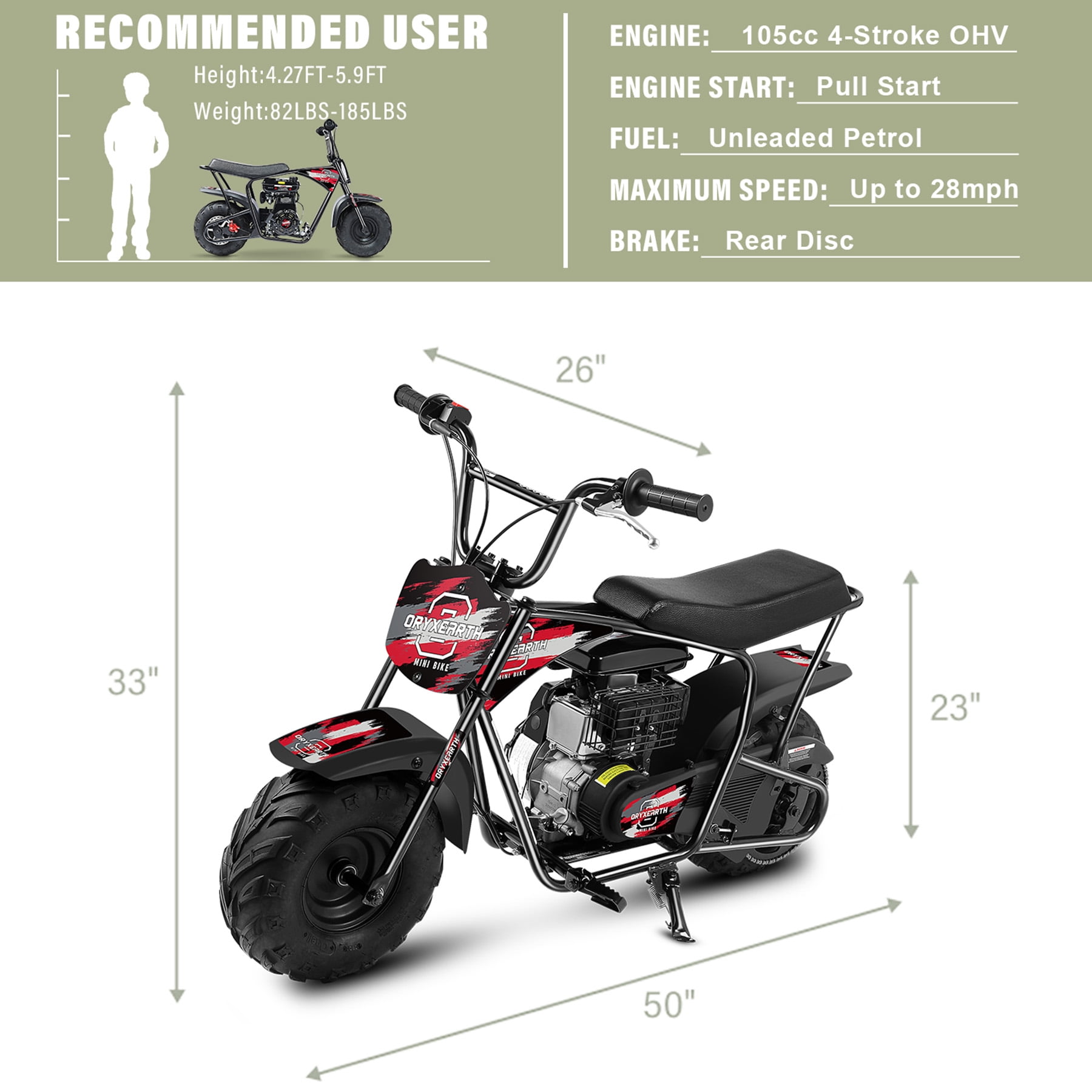 Oryxearth OGMR105 Basic Mini Dirt Bike, 105cc 4-Stroke Gas Powered Off Road Bike for Teens and Adult, 28mph, Up to 165 LBS, Racing Red