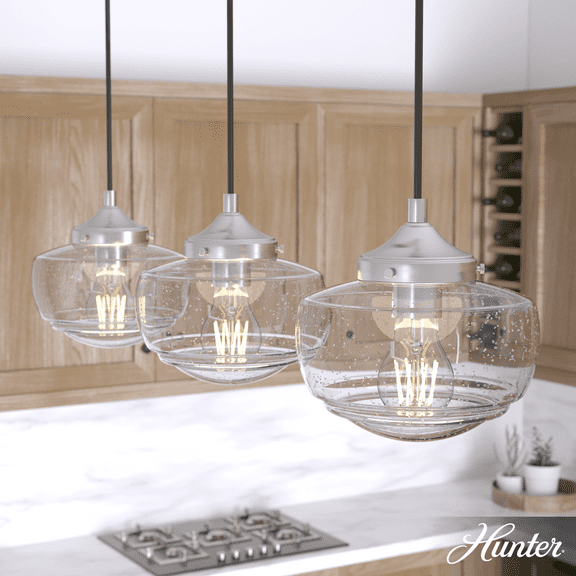 Hunter - Saddle Creek 3-light Brushed Nickel, Large Cluster Light, Dimmable, Schoolhouse Style, Linear Shaped, for Bedrooms, Kitchens, Dining, Living Rooms - 19497