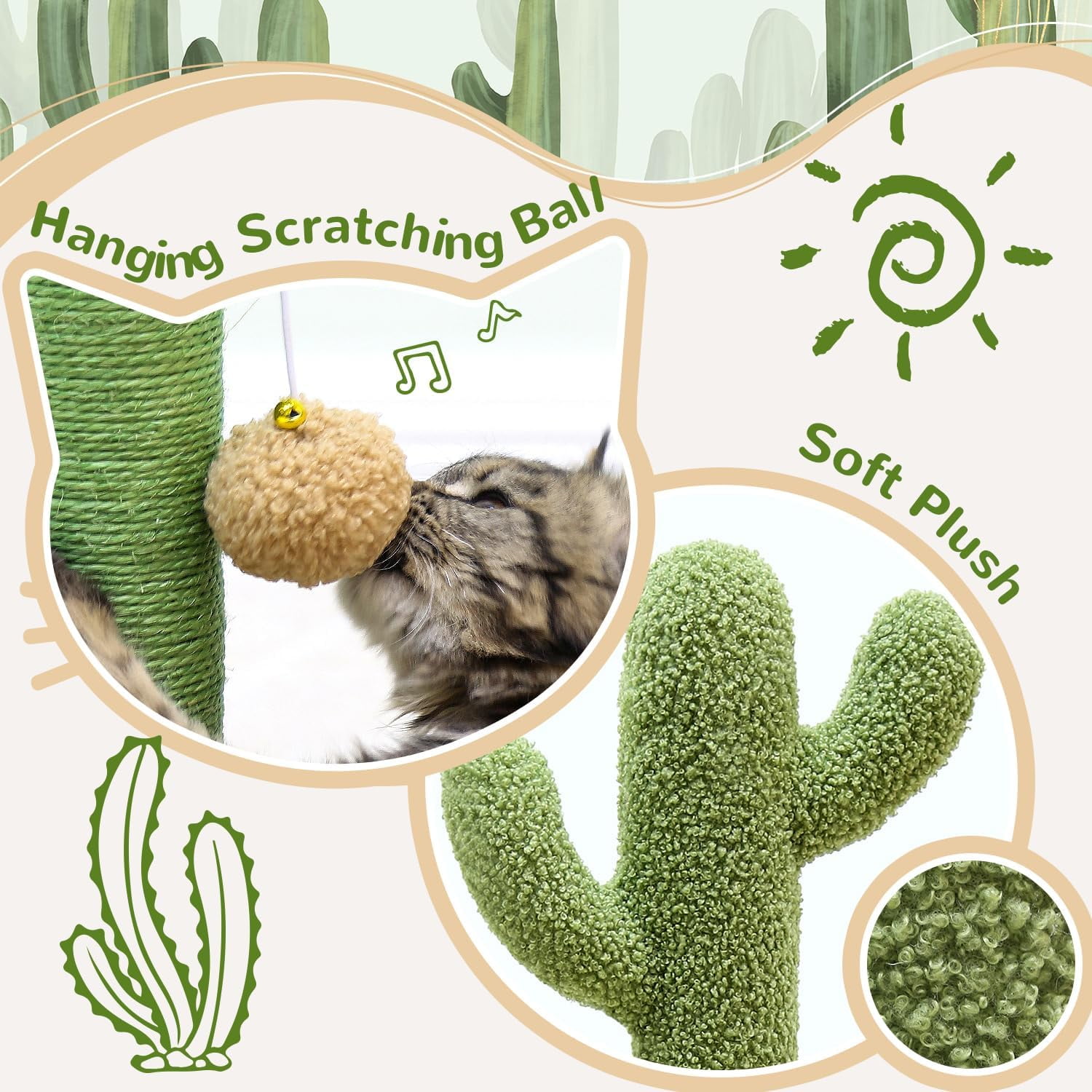 Tall Scratching Post for Cats, Cactus Cat Scratching Post Cat Scratcher Cute Sisal Large Cat Scratching Post with Modern Wooden Ball Tracking Interactive Toys, SC30
