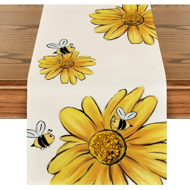 Camino de mesa de verano con diseño de abeja y girasol, flores de primavera de temporada, decoración para mesa de comedor de cocina y fiesta en el hogar.