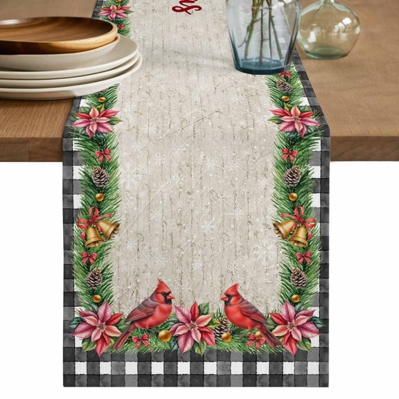Grey Plaid Christmas Table Runner 72 Inches, Xmas Snowflake Botanical Poinsettia Bed Runner Dresser Scarves Tabletop for Indoor Outdoor Parties/Ceremony/Banquet, 16" x 72"
