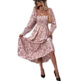 thumbnail image 3 of Women'S Dress Long Sleeve Square Neck Floral Print Smocked A Line Boho Flowy Maxi Dresses Pink M, 3 of 9