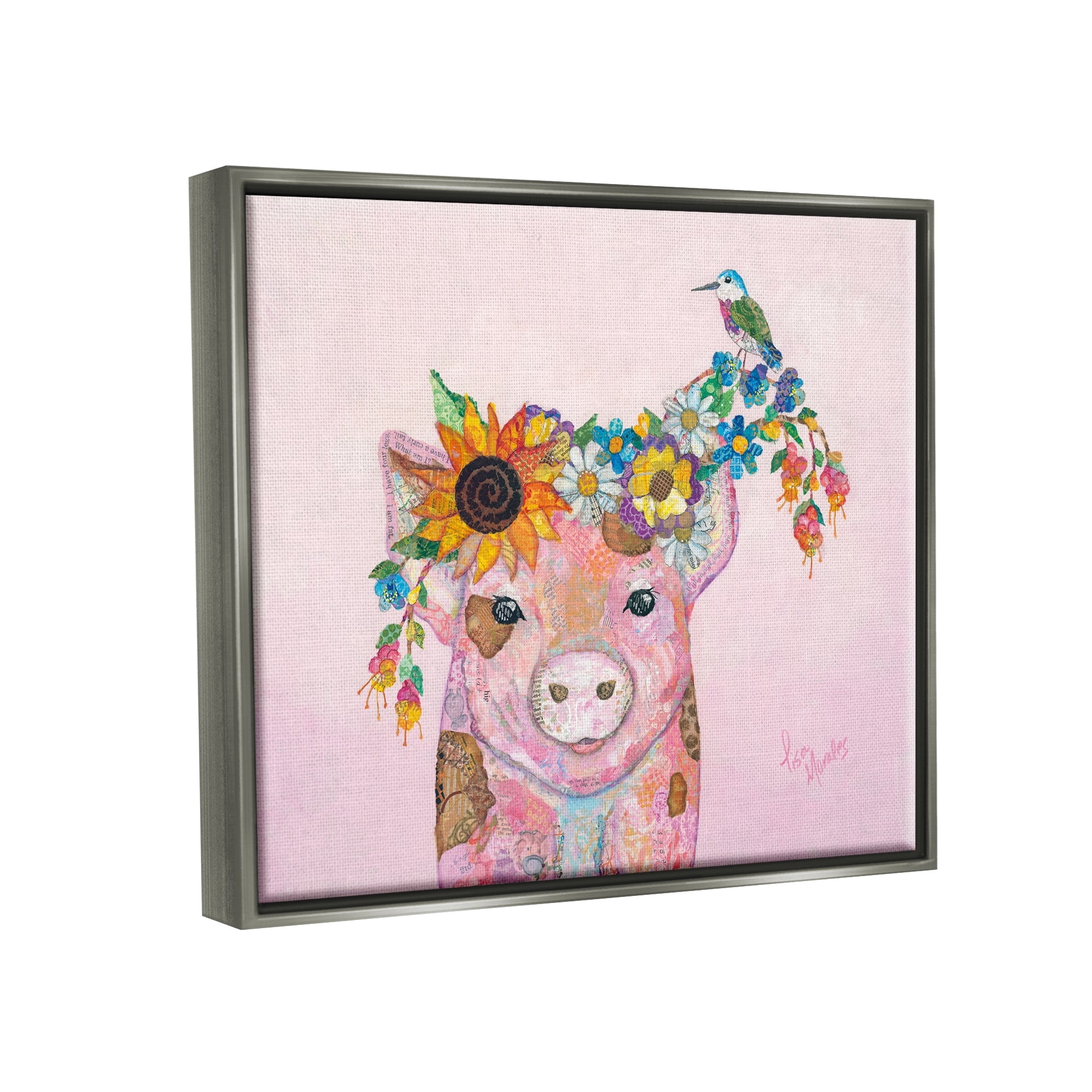Stupell Industries Floral Pink Little Piggy & Bird Animal Collage Painting Luster Gray Floating Framed Canvas Print Wall Art, Design by Lisa Morales