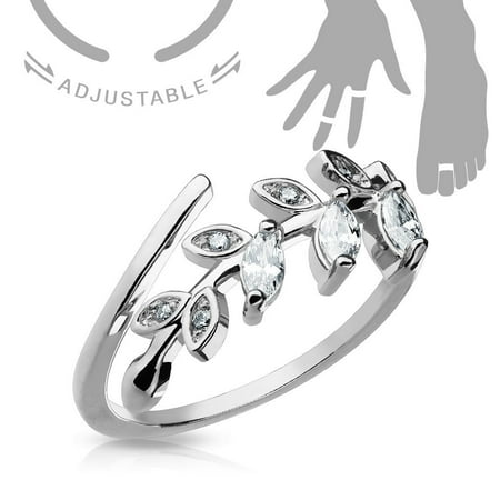 Adjustable Toe Ring/Mid Ring Marquise Cut CZ Set Leaf Silvertone