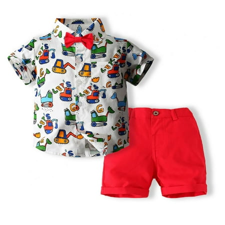 

Bullpiano 1-6Y Toddler Baby Boy Hawaiian Outfit Gentleman Shorts Sets Infant Kids Cartoon Print Short Sleeve Button down Bowite Shirt Top+Shorts Suits for Beach (Style C)