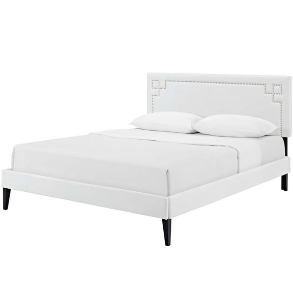 Platform Bed Frame, Queen Size, White, Faux Vinyl Leather, Mid Century Bedroom, Modern Contemporary HB35112