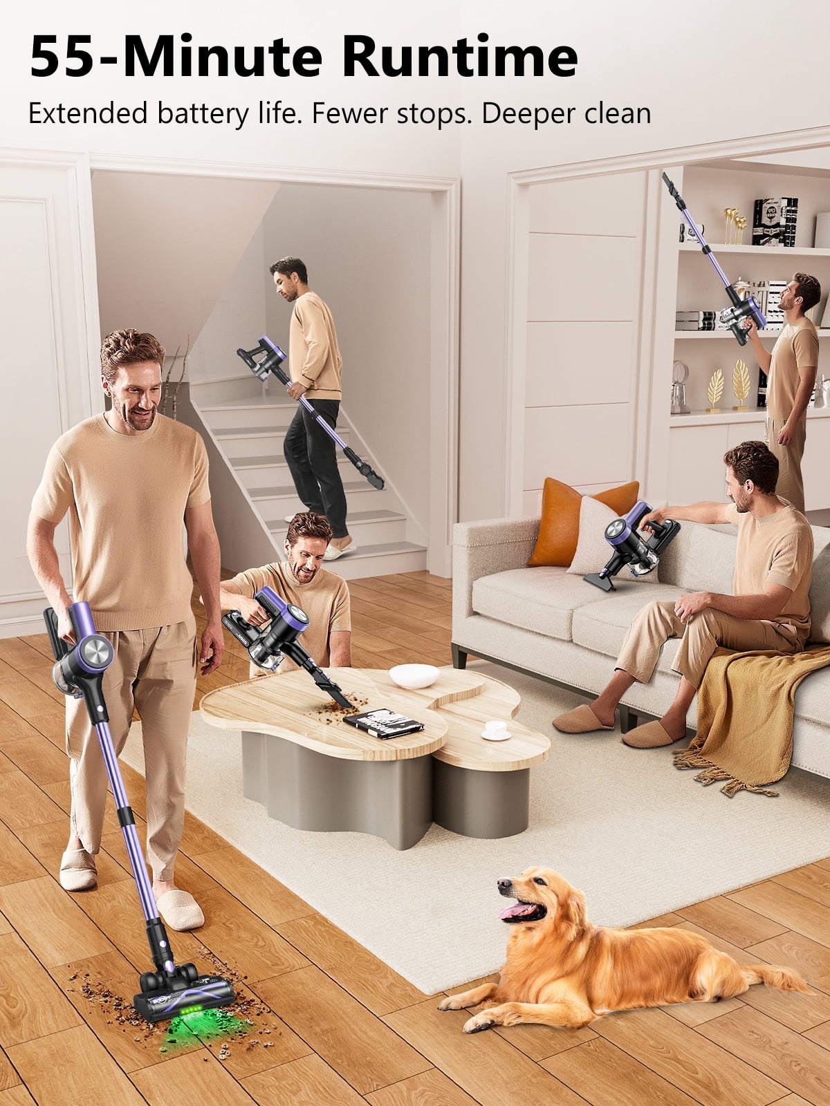 H28 Cordless Stick Vacuum Cleaner, 500W Brushless Motor, Self-Standing, Wall Charging, 55 Min Runtime, Lightweight for Hard Floors & Carpets, Purple