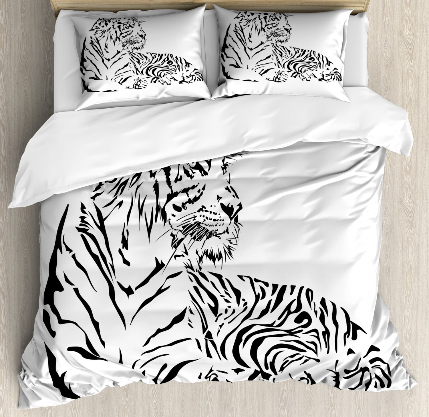 White Tiger Duvet Cover Set Queen Size, African Wilderness Theme with