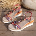 thumbnail image 5 of Wedge Sandals for Women Color Block Strappy Beaded Platform Espadrilles Elastic Ankle Strap Summer Comfy Walking Shoes Khaki Size 6.5, 5 of 7