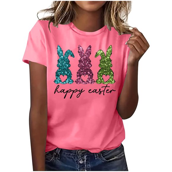 Tnhcen T-Shirts d'Été pour Femmes avec Imprimé Lapin Mignon / Grande Taille Amical S-3TG / Polyester Spandex Mélange Basique