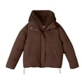 thumbnail image 4 of Women's Short Puffer Jacket Long Sleeve Winter Clothing 2 in 1 Fleece Lined Jacket with Hood Coffee 2XL, 4 of 9