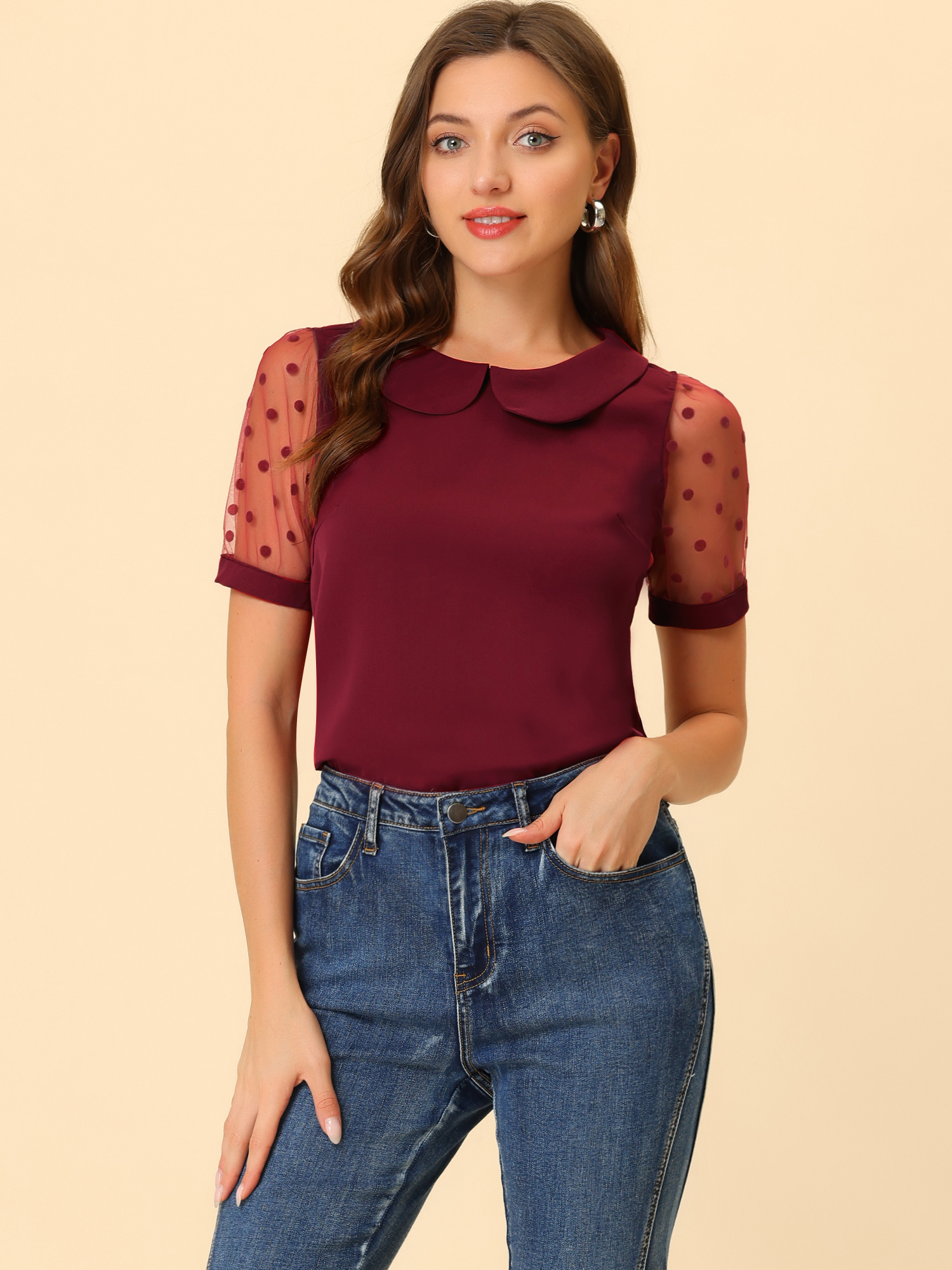 DARING DIVA Women's Polka Dots Mesh Peter Pan Collar Blouse XS Wine Red