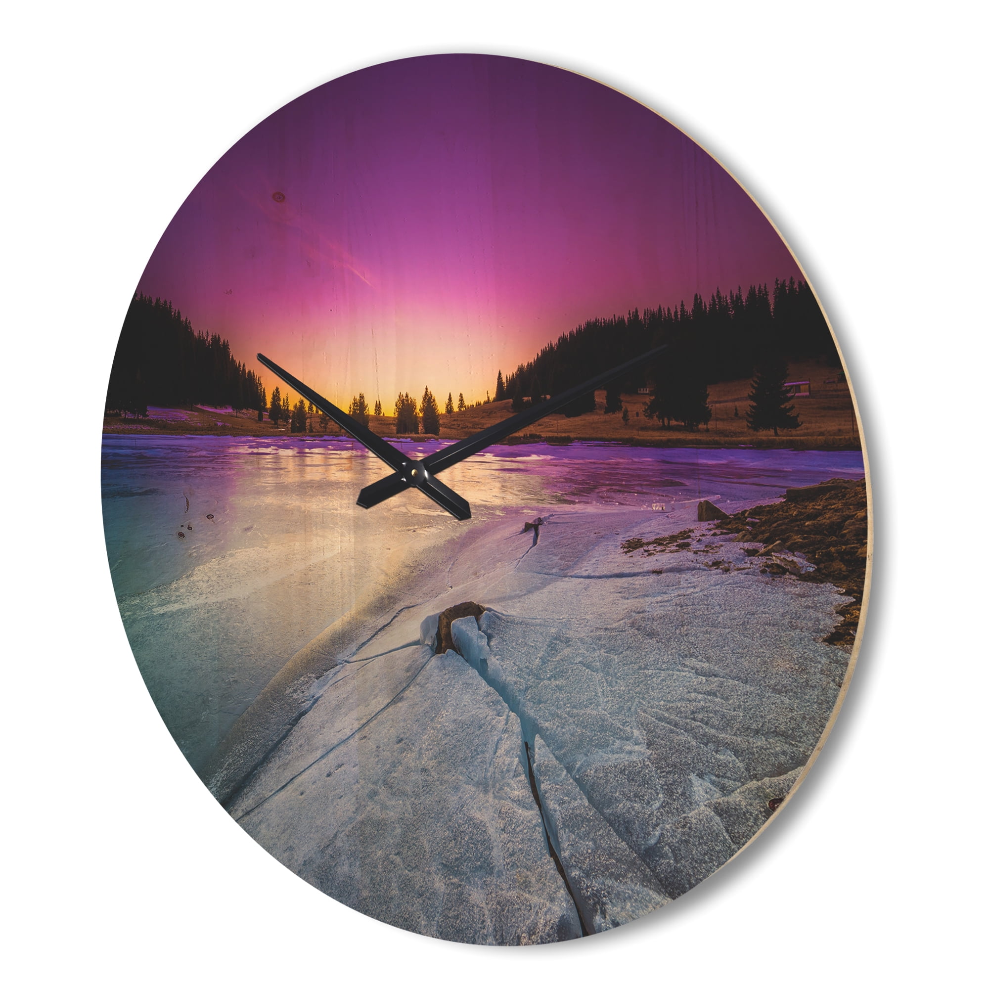 Designart 'Dawn over Frozen Lake ' Modern Wood Wall Clock