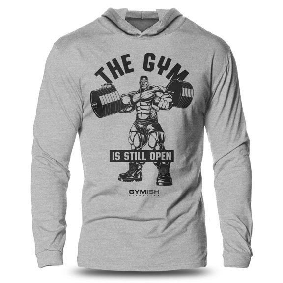 GYMISH "Gym is Still Open" Lightweight Long Sleeve Hooded T-Shirt for Men – Funny Workout Hoodie, Athletic Gym Shirt for Fitness Enthusiasts