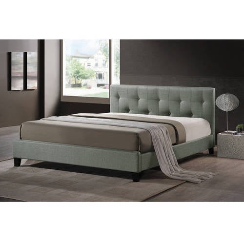 Harriette Gray Linen Modern Queen Bed with Covered Buttons Walmart