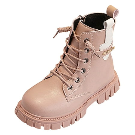 Huesdet Boys Girls Leather Hiking Snow Boots Shoes with Side Zipper Toddler Booties Lace Up Slip On Ankle Flats Classic Casual Walking BootPink 5-5.5 Y