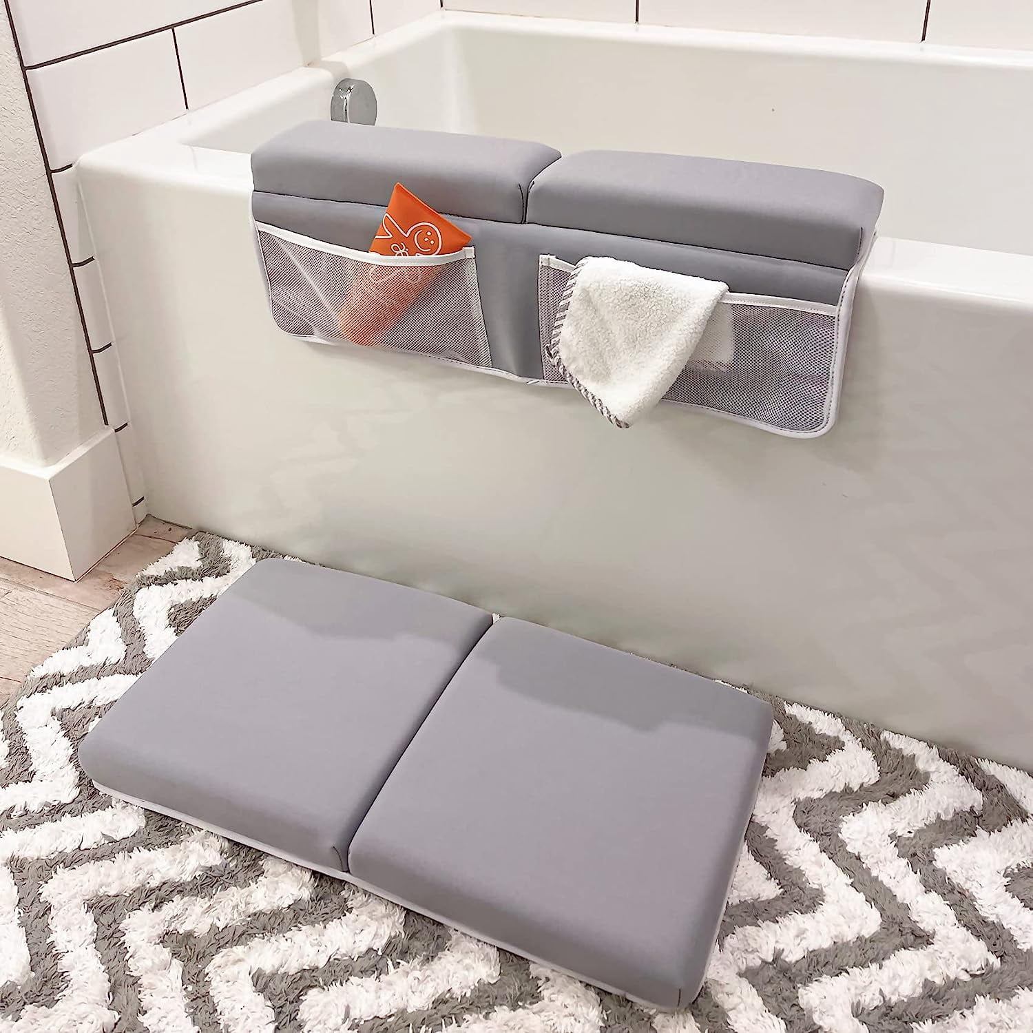Bath Kneeler with Elbow Rest Pad Set, 1.5 inch Kneeling Pad Mat for Bathtub - Gray