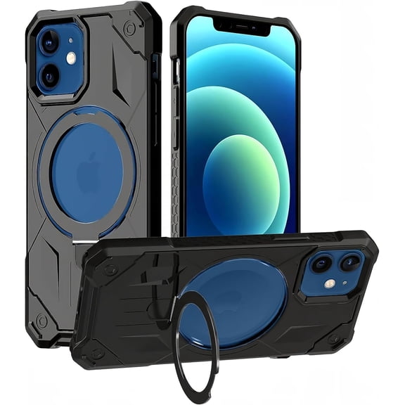 for iPhone 12 Pro Case, Heavy Duty [Military Grade Drop Protection] [Invisible Built in Stand & Ring Holder] Compatible with MagSafe for Men-Black