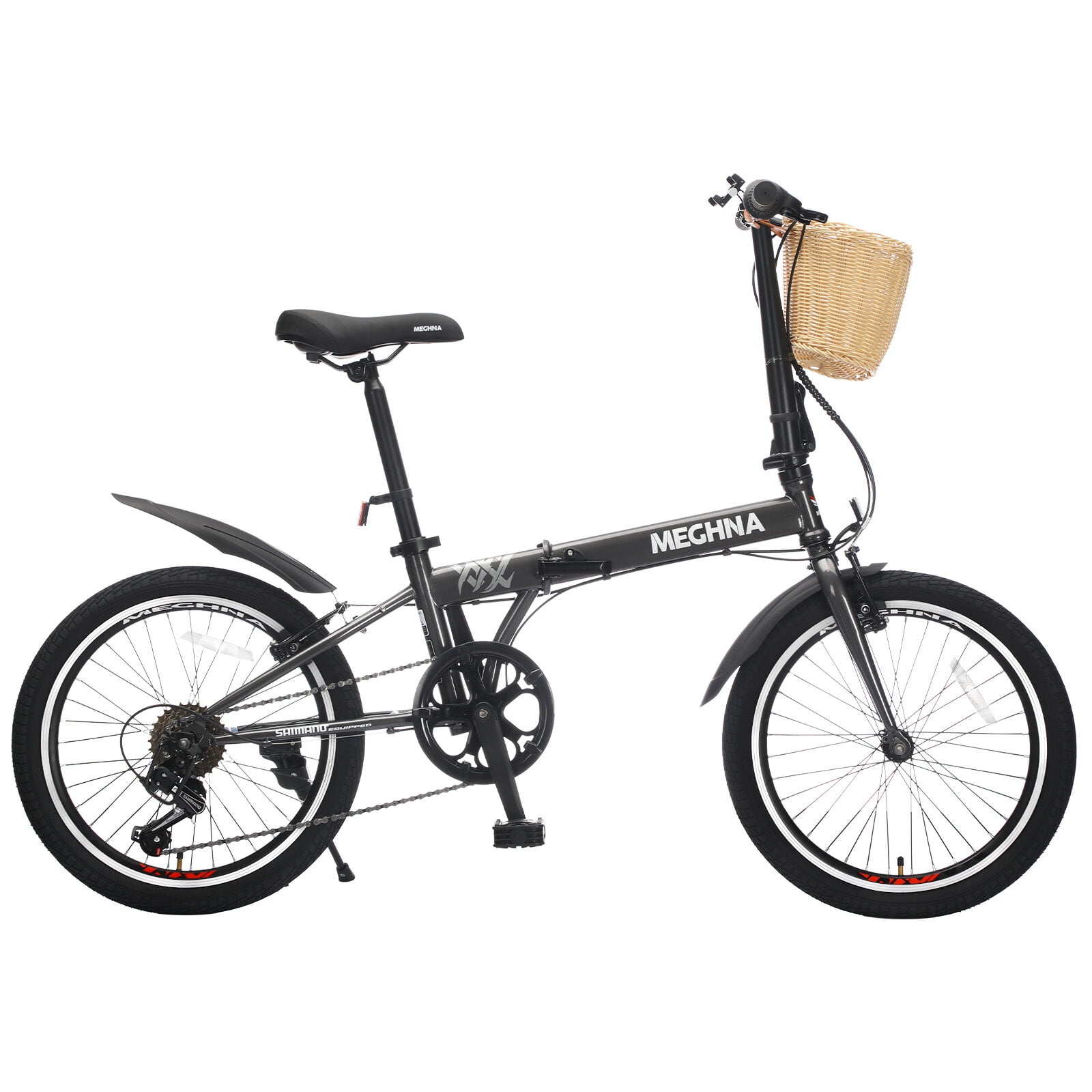 Mountain Bikes 20 Inch Folding Bike for Adults with Basket, Phone Holder & Fenders, Steel Frame 6-Speed City Commuter, Dual V-Brake Portable Compact Bicycle for Men & Women,Road Bikes