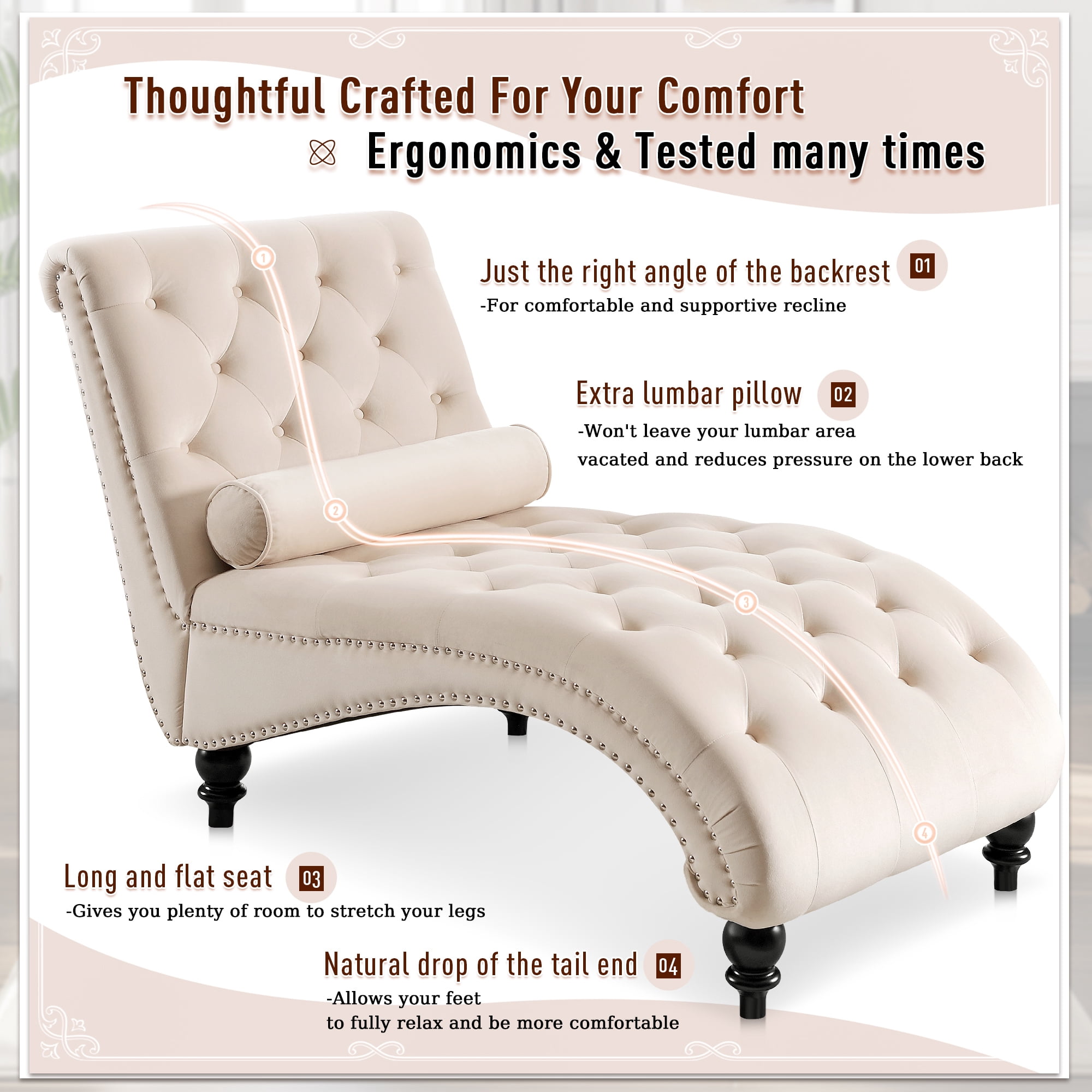 Lunale Chaise Lounge Indoor, Tufted Upholstered Accent Chair for Living Room, Beige Velvet