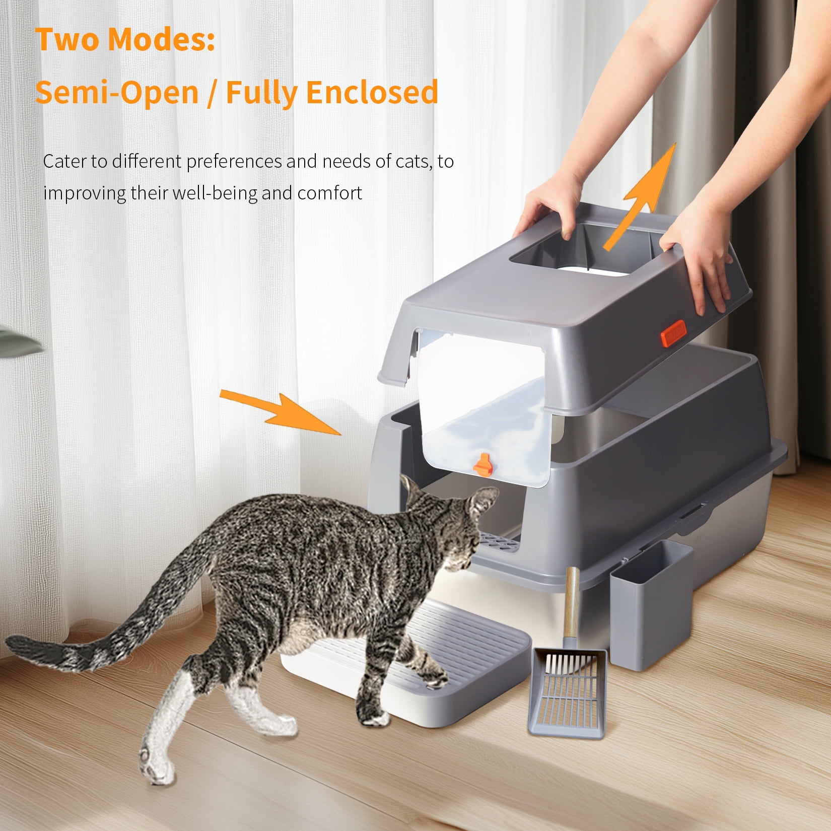 BingoPaw Stainless Steel Enclosed Cat Litter Box with Lid Extra Large Litter Pan Tray, Anti-Leakage, High Wall Sides