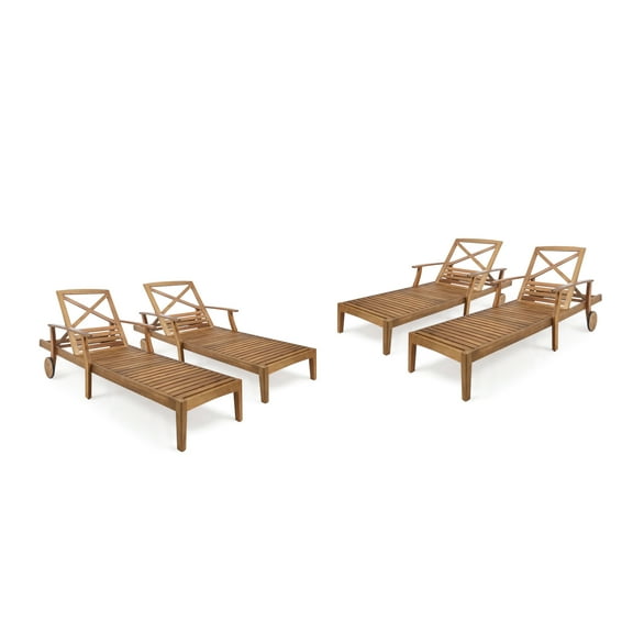 Thalia Outdoor Acacia Wood Chaise Lounge, Set of 4, Teak Finish